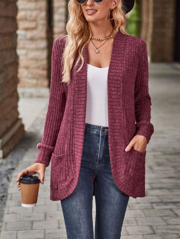 Loose Fit Long Sleeve Open Collar Casual Blouse with Side Pockets