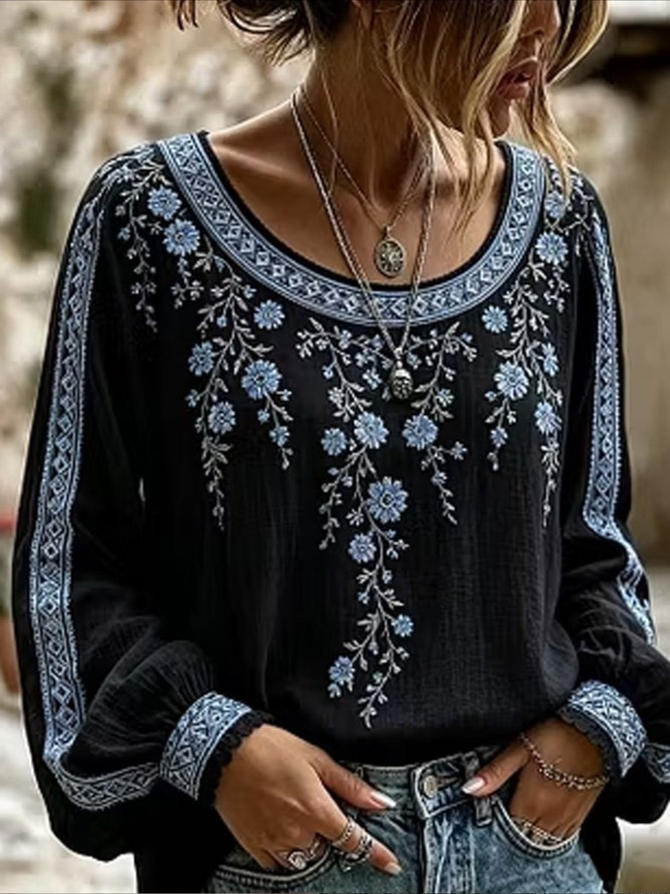 Vines Floral Crew Neck Long Sleeve Blouse