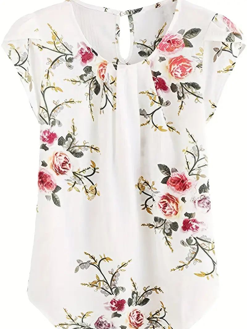 Vintage Floral Print Blouse, Elegant Crew Neck Petal Sleeve Keyhole Blouse