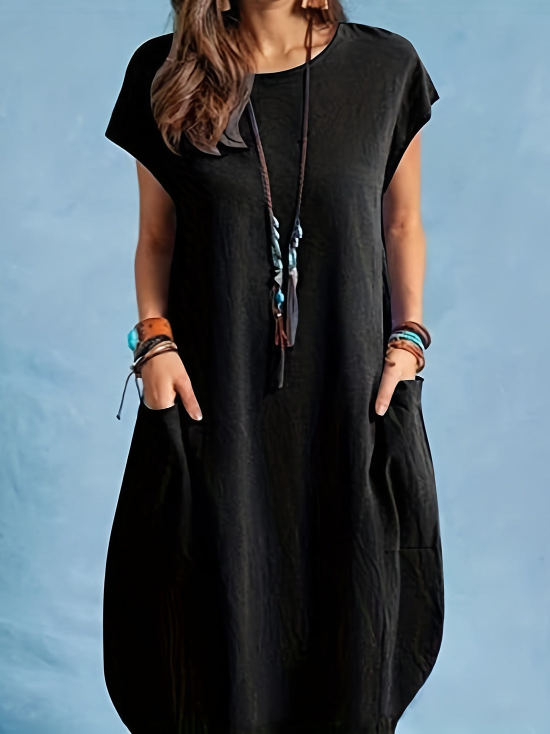 Dual Pockets Crew Neck Dress, Casual Short Sleeve Dress