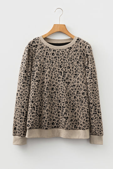 Khaki Ribbed Trim Leopard Print Long Sleeve Top