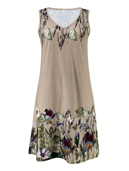 Floral Print V-neck Tank Dress, Vacation Sleeveless Dress