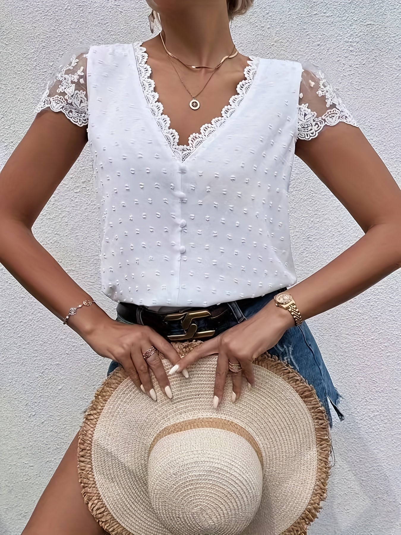 Lace V-neck Loose Blouses, Casual Button Down Lace Sleeve Fashion Shirts Tops