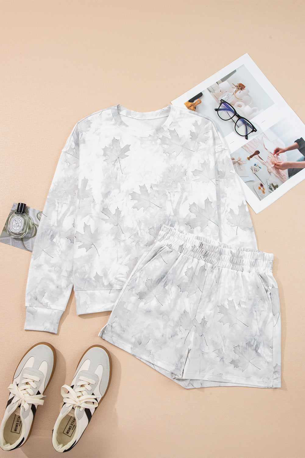 Beige Camo Print Pullover Top and Elastic Waist Casual Short Set