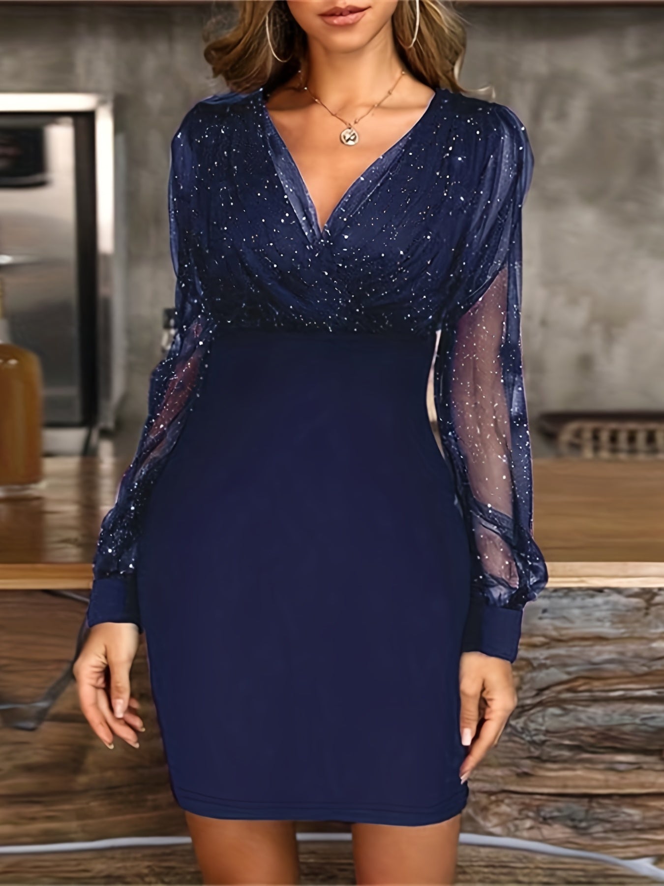 Solid Sequin Stitching Lace Long Sleeve Dress, Elegant Mesh Slim Sexy Party Dress