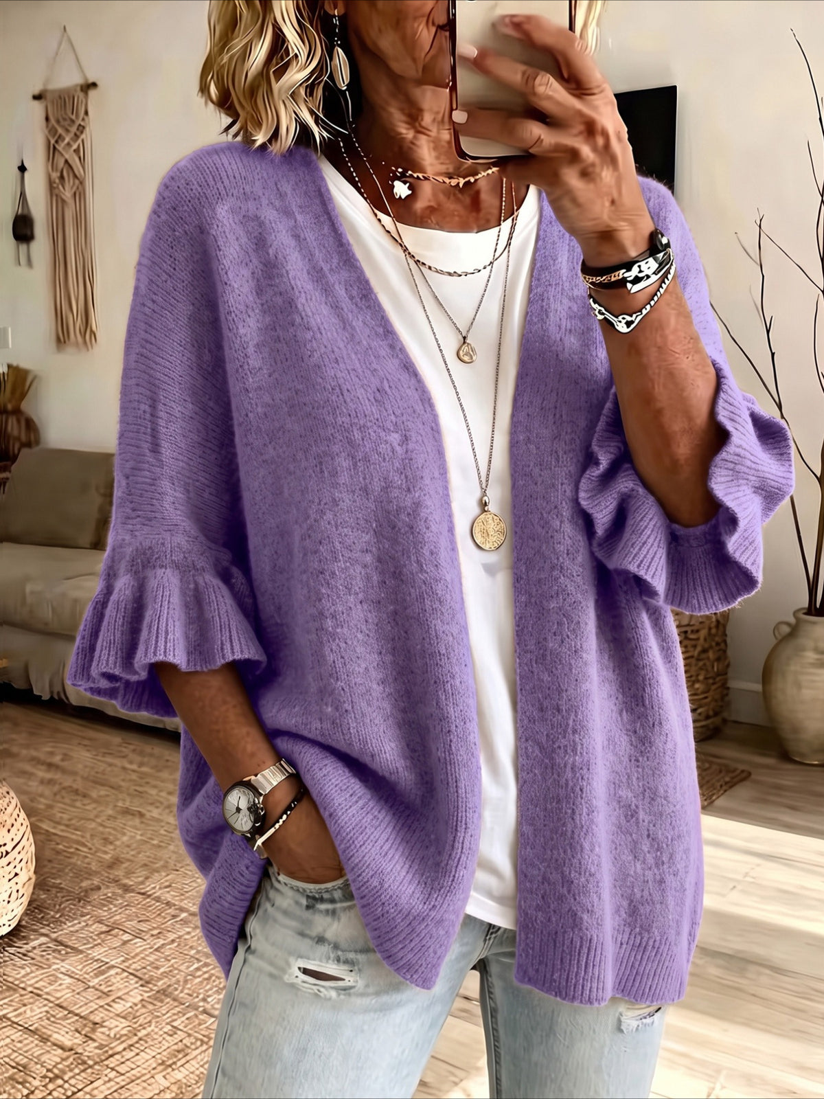 Open Front Ruffle Sleeve Knit Cardigan