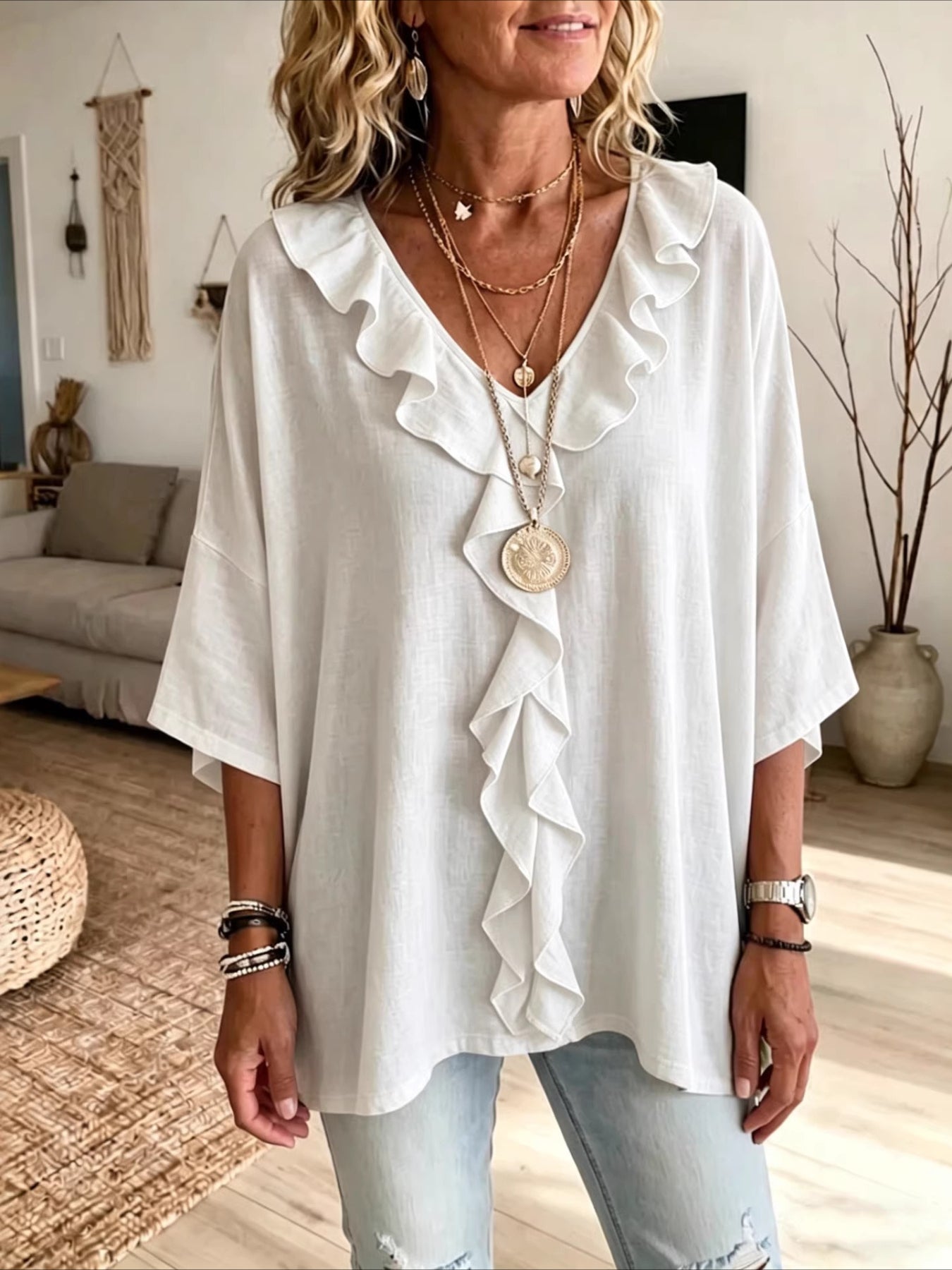 V Neck Casual 3/4 Sleeve Top with Ruffle Edge