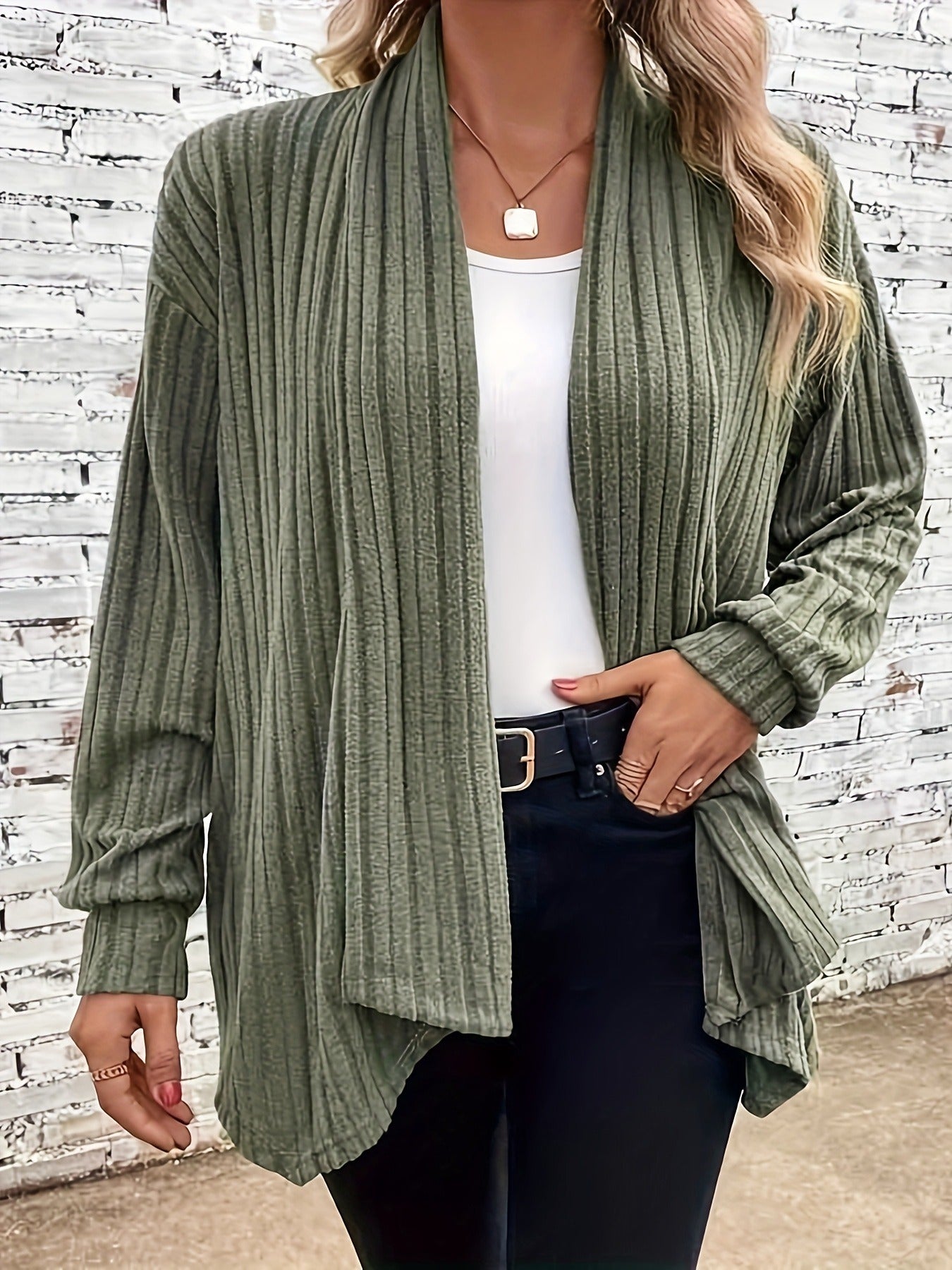 Women's Solid Ribbed Long Sleeve Open Front Slight Stretch Cardigan