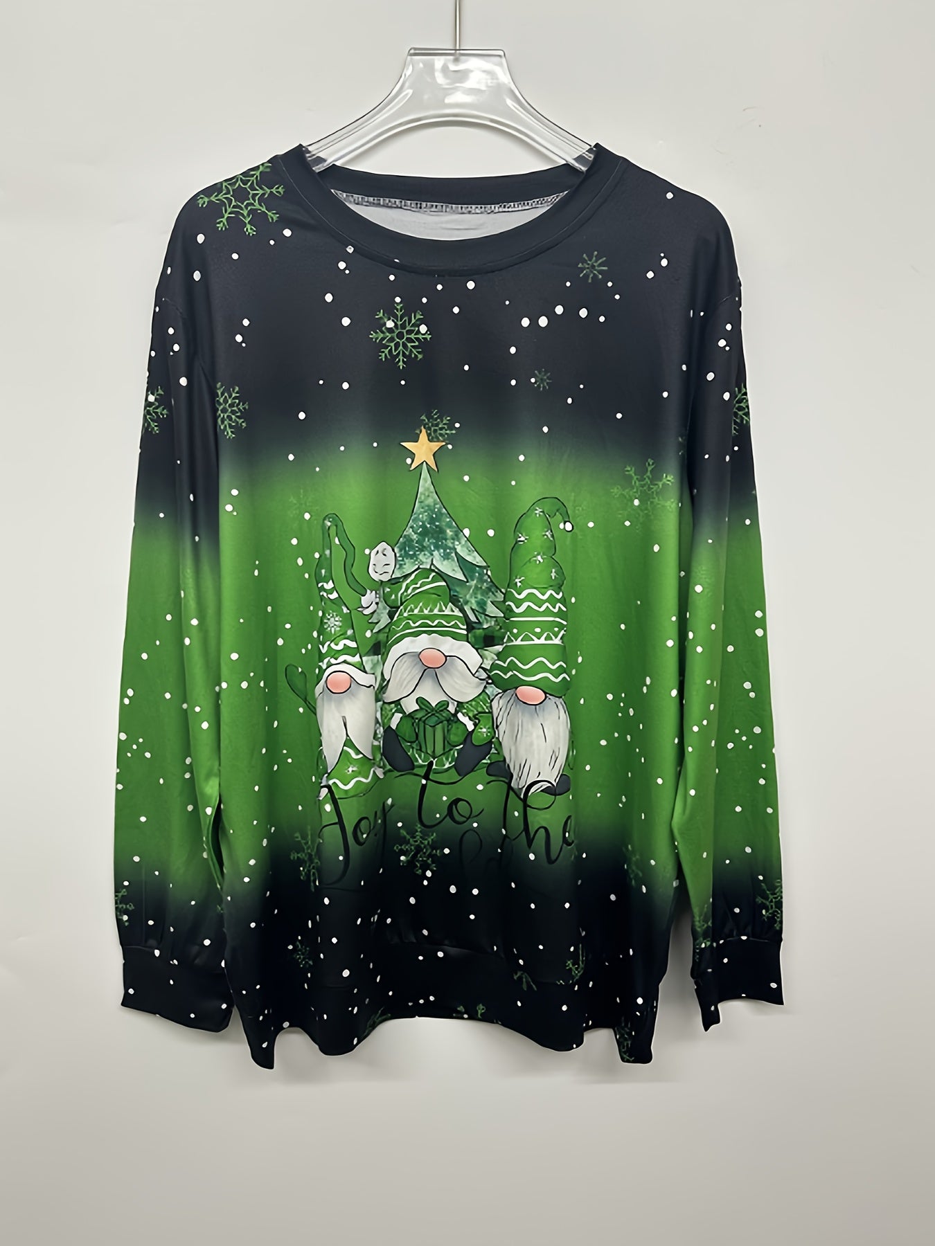 Christmas Top, Women's Christmas Dwarf & Slogan Print Ombre Long Sleeve Round Neck Slight Stretch Top