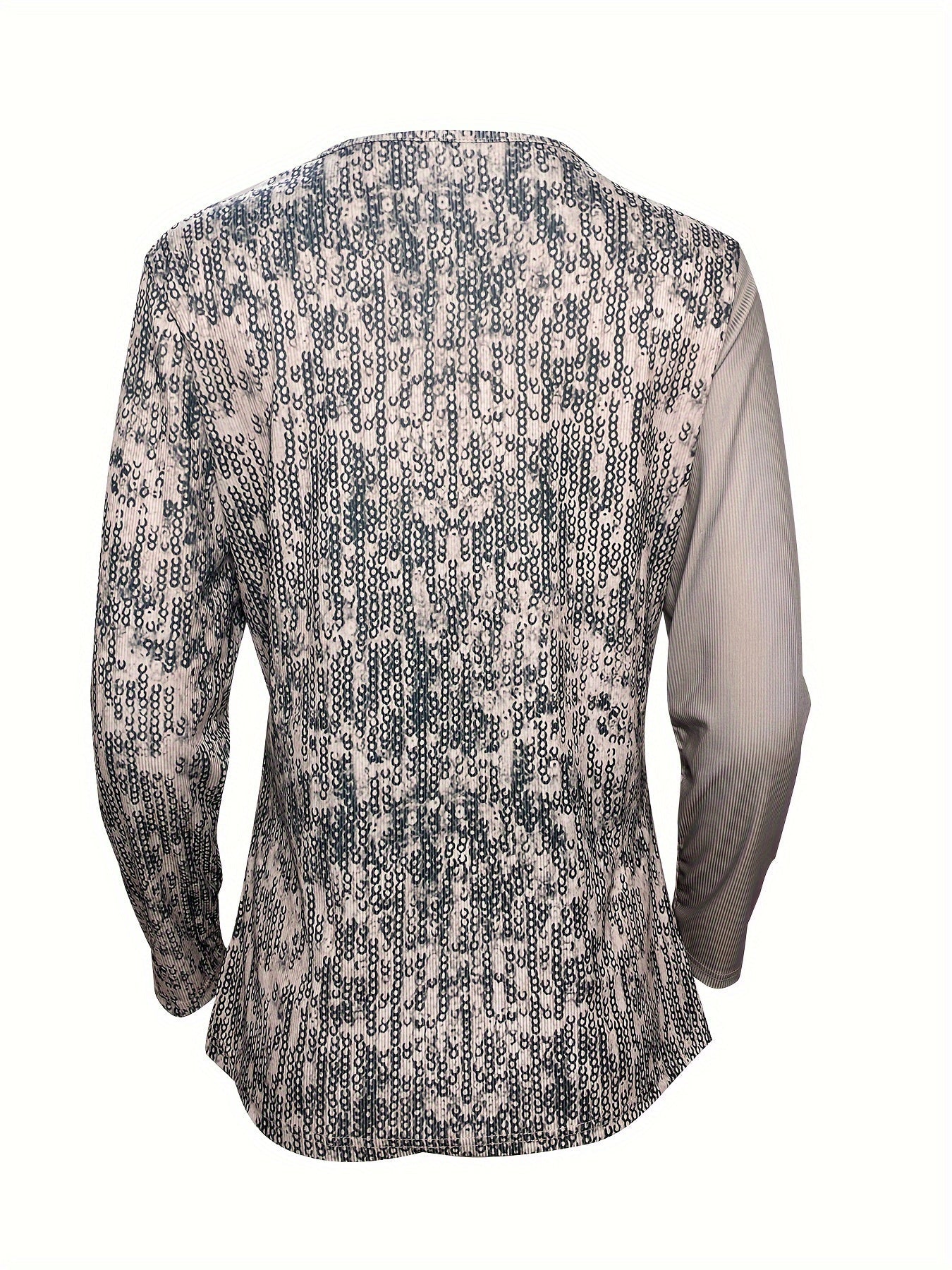 Sequined Button Decor V-neck Splicing T-Shirt, Casual Long Sleeve T-Shirt