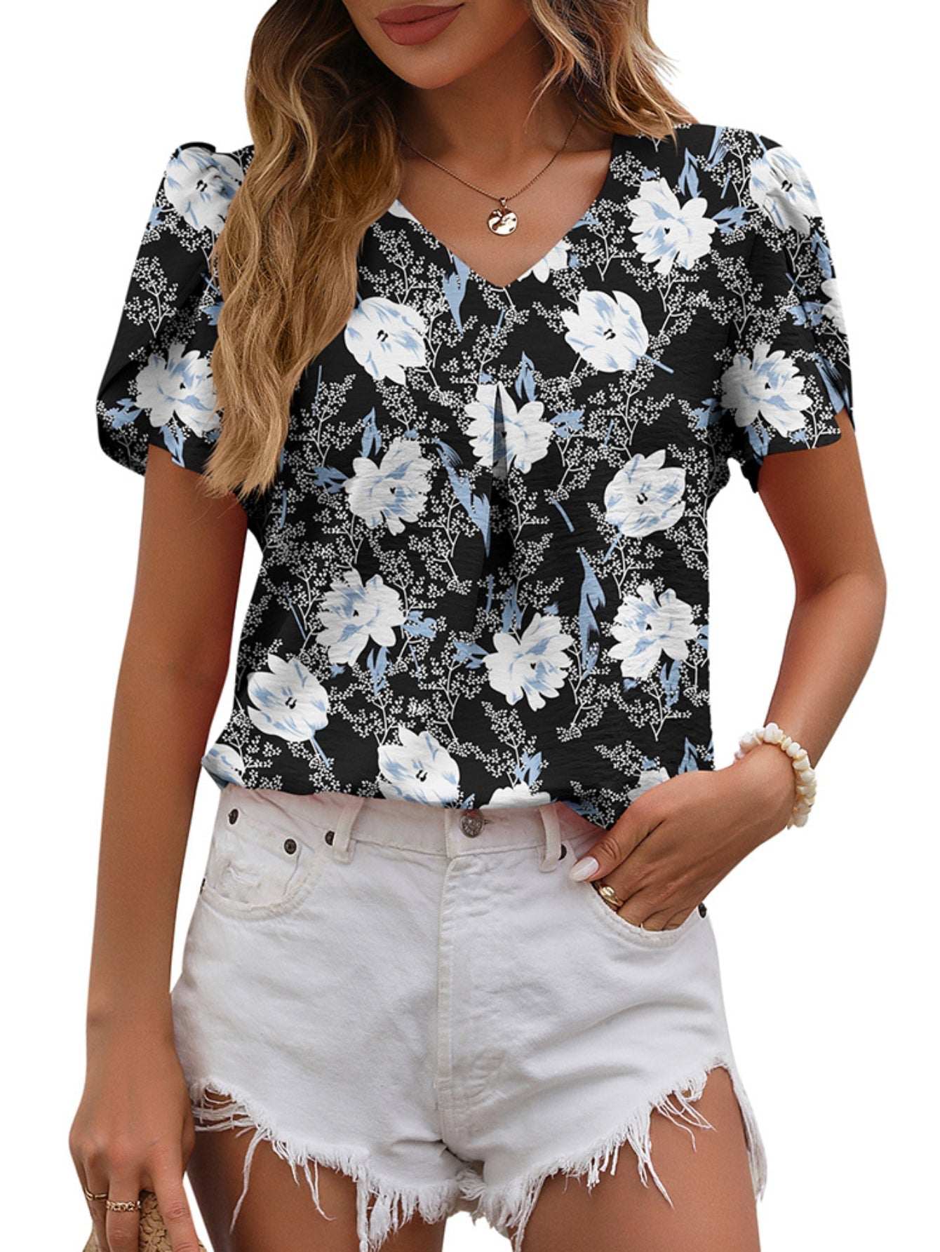 Simple Solid Top, Casual V Neck Short Sleeve Top