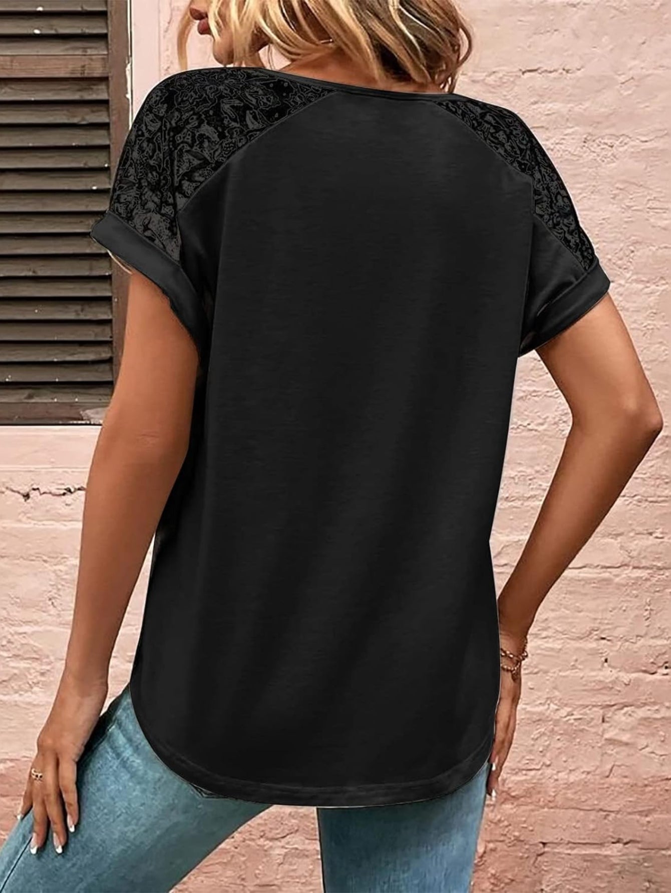 V Neck Lace Sleeve Button Design Loose Fit Soft Simple T-Shirt