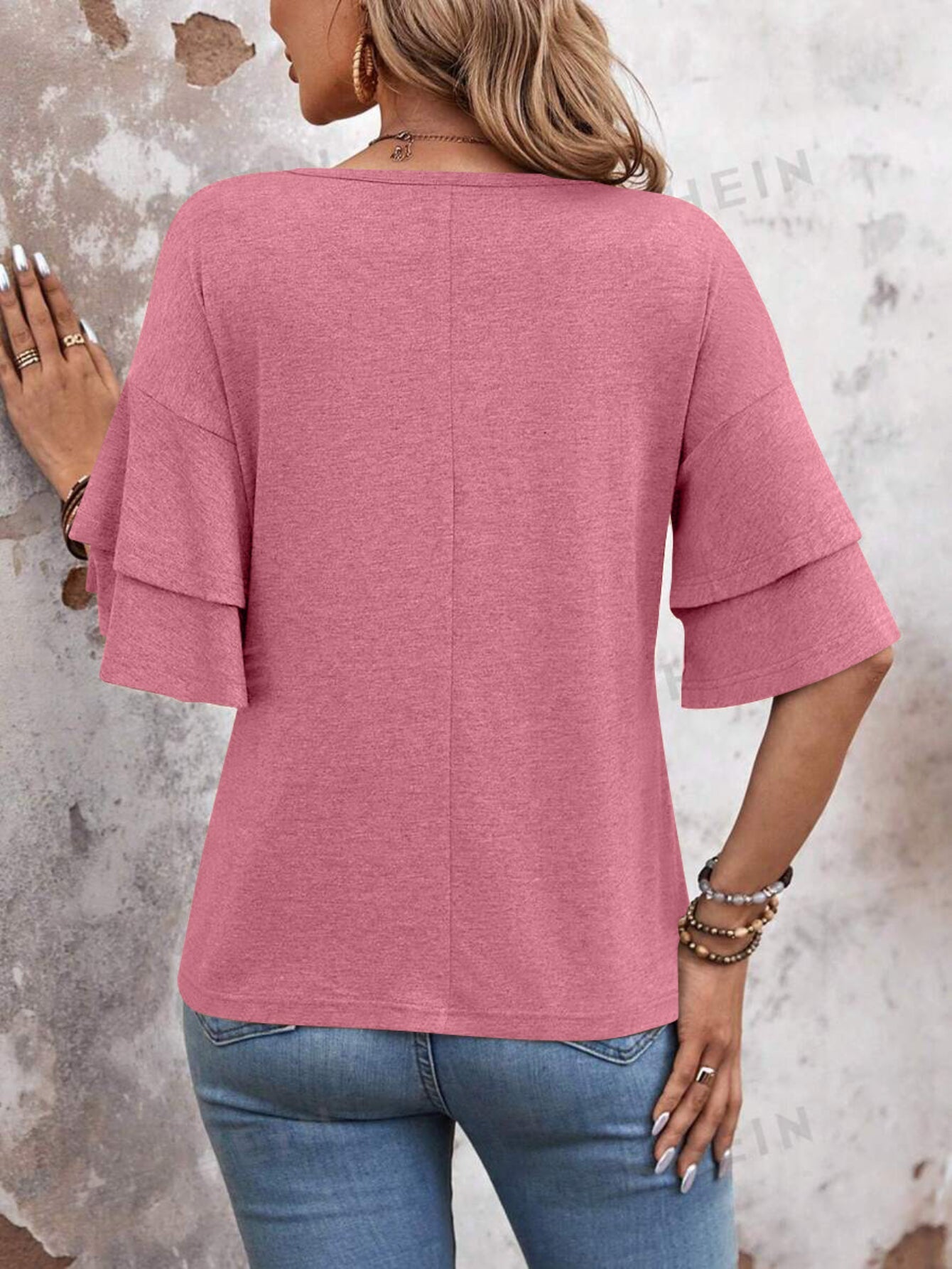 Casual Solid Color Flare Sleeve V Neck T-Shirt