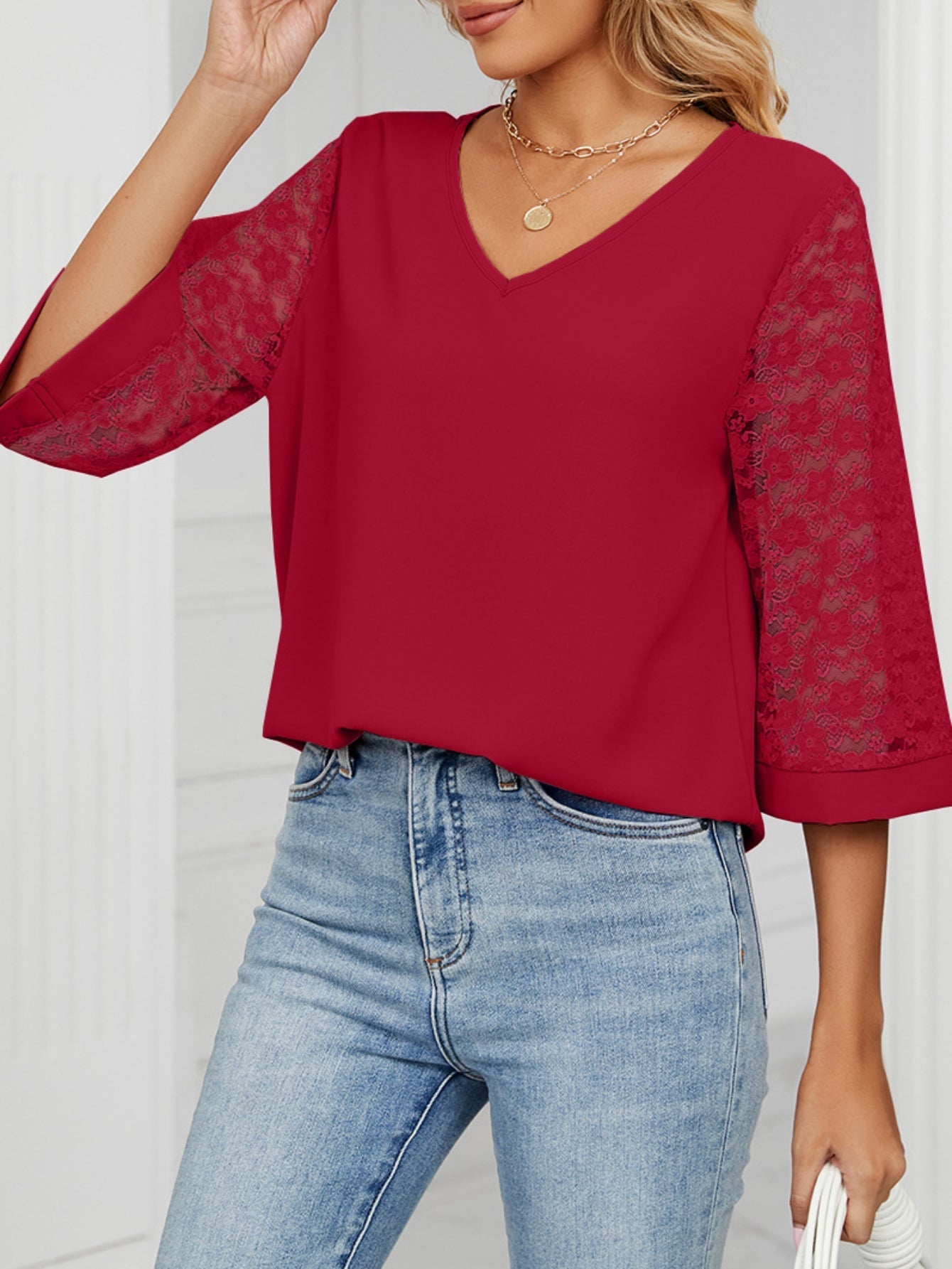 Casual 3/4 Sleeve Lace Chiffon Solid T-Shirt