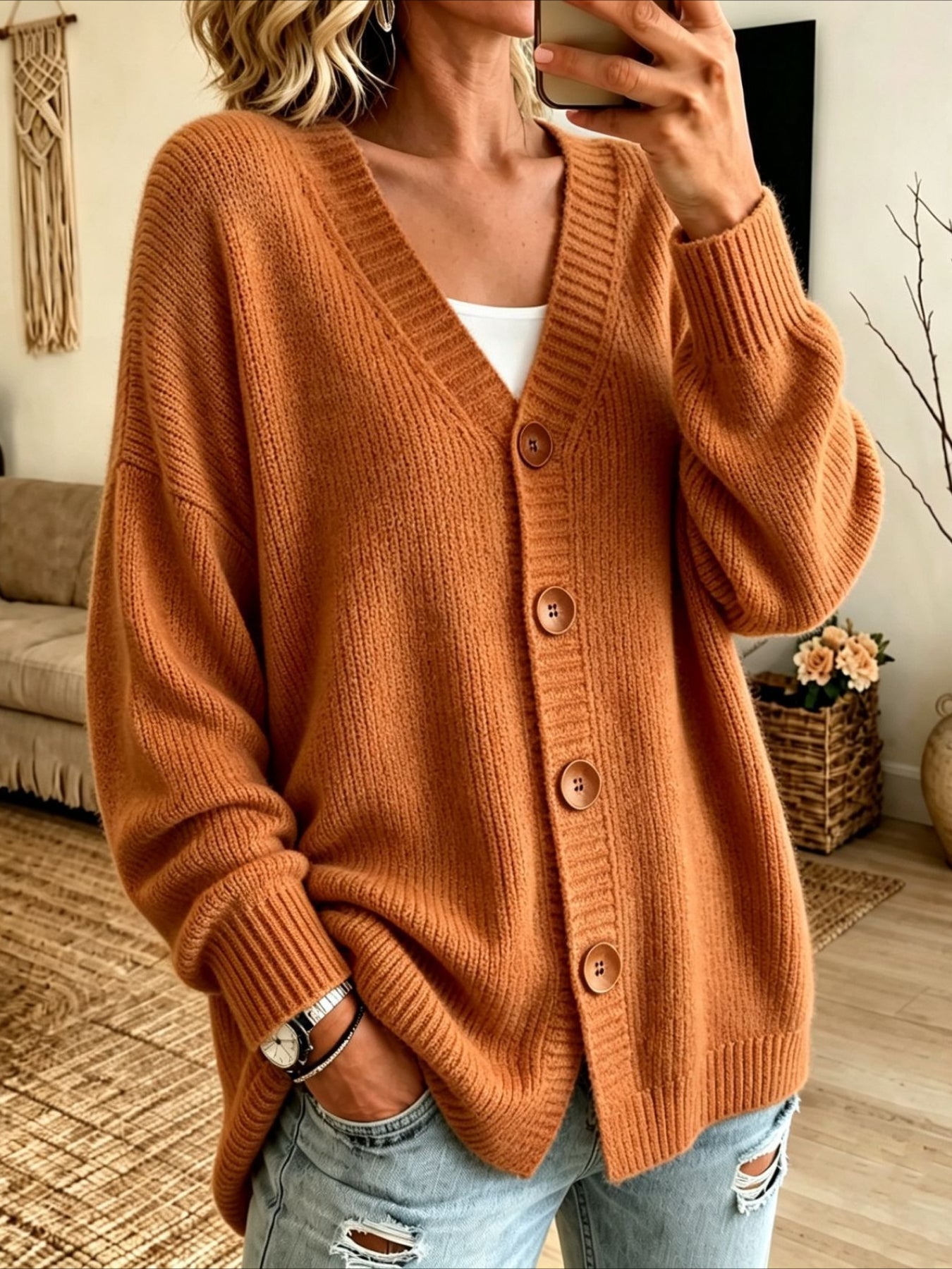 Solid Color Button V Neck Knitted Cardigan Sweater