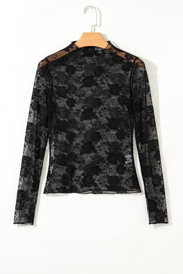 Black Sheer Floral Lace Mesh Mock Neck Long Sleeve Top