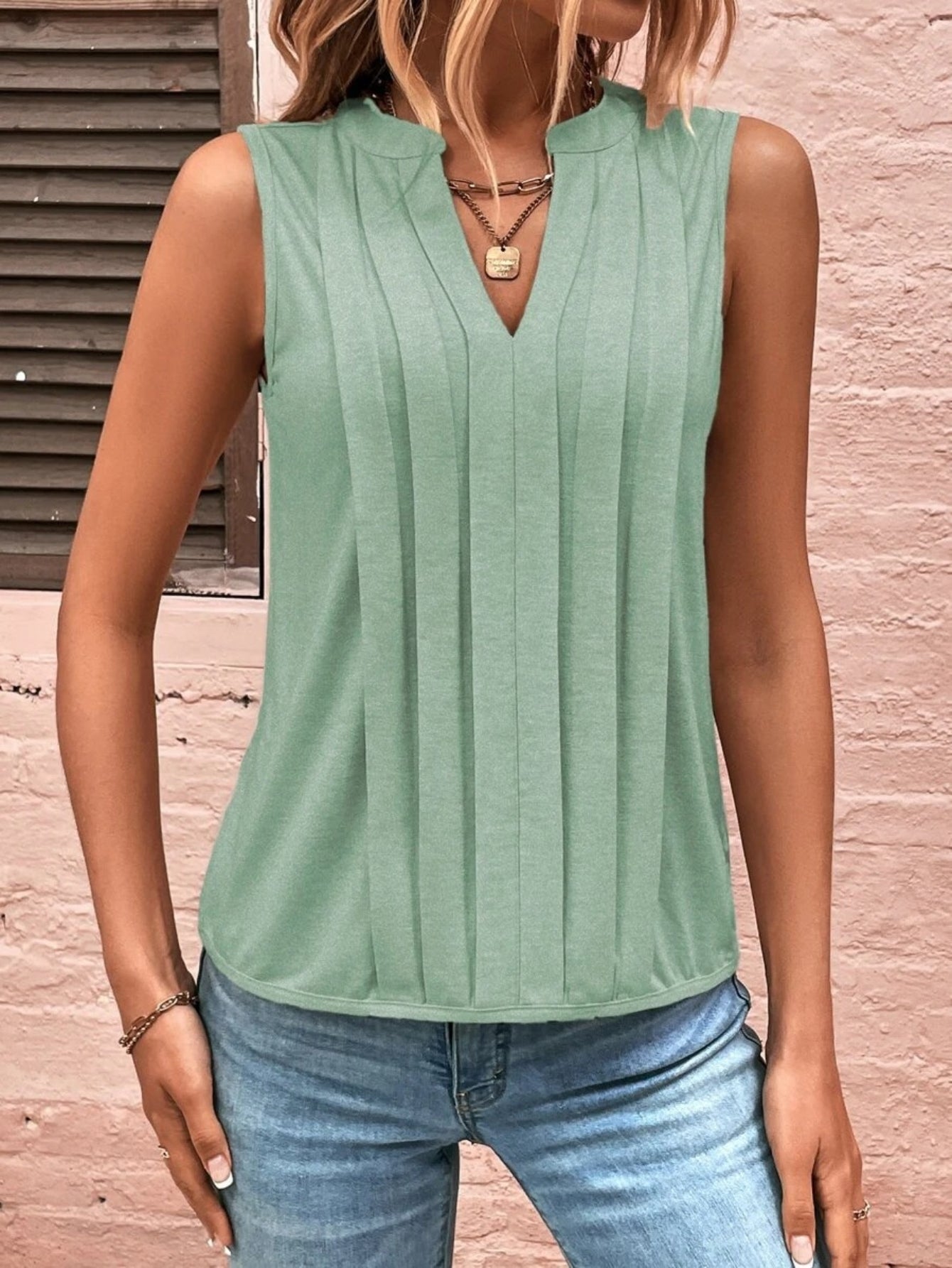 Gaharu Sleeveless Chiffon Tank Tops for Women Dressy V Neck Blouses Work Pleated Shirt
