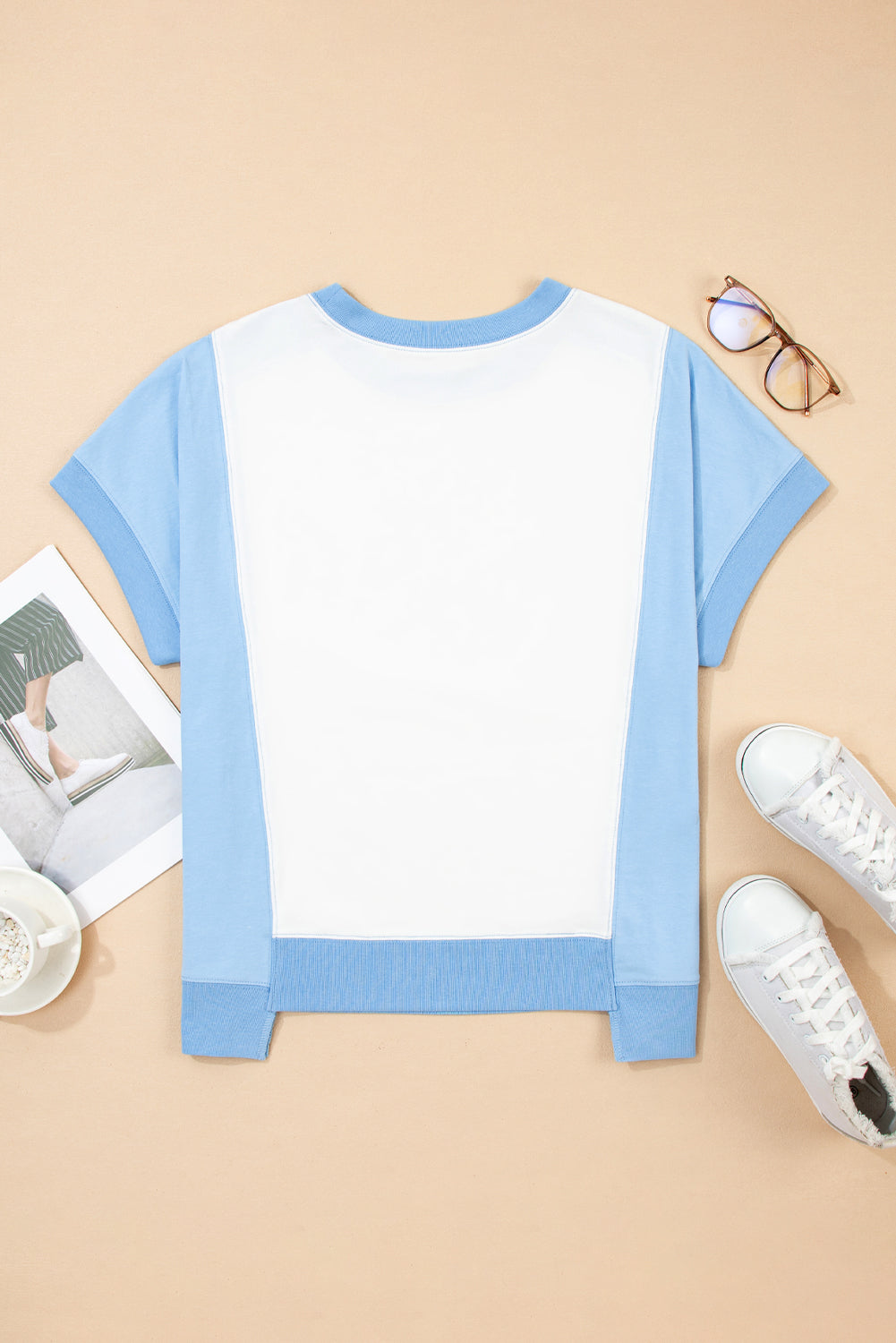 Sky Blue Color Block Exposed Seam Crew Neck T Shirt