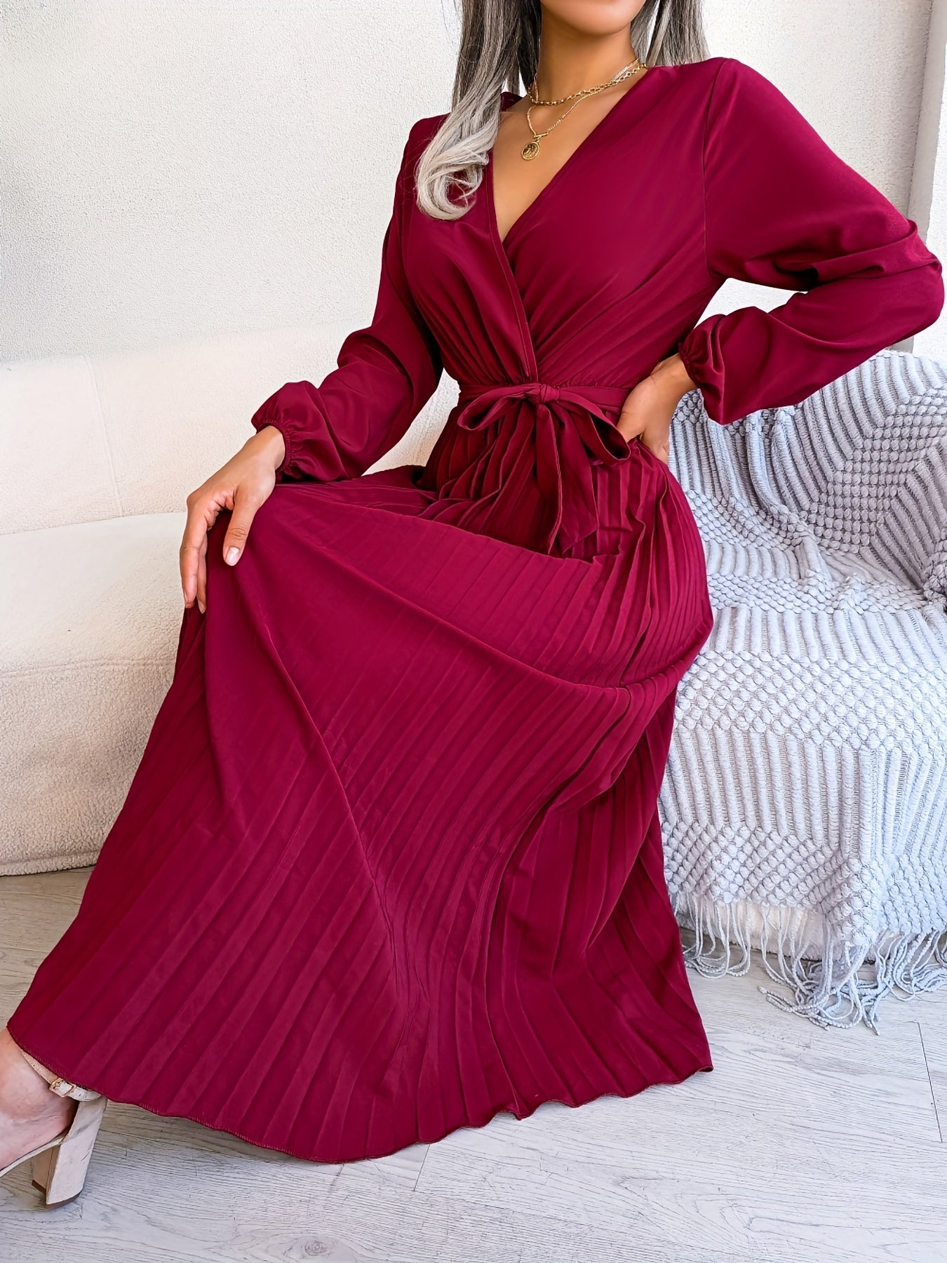 Pleated Surplice Neck Dress, Elegant Long Sleeve Solid Dress, Women's Clothing