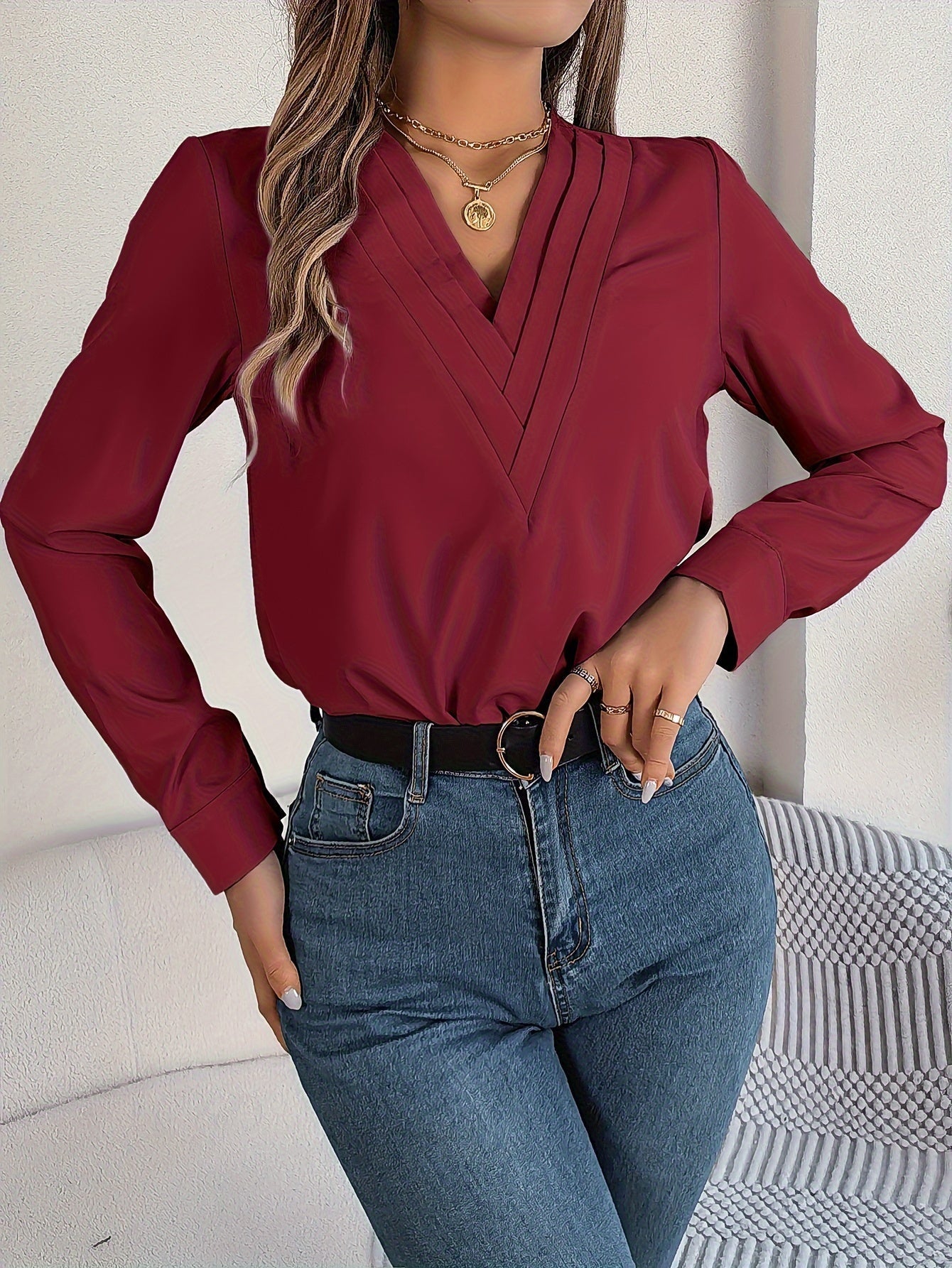 Solid Color V Neck Blouse, Elegant Long Sleeve Blouse