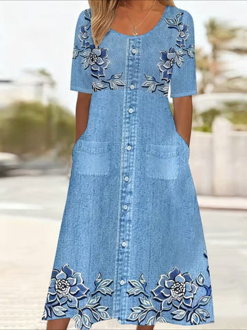 Short Sleeve Summer Floral Printing Crew Neck Daily Going Out Casual Maxi H-Line Shift Maxi Dress