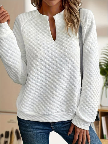 Cozy Textured Pullover Soft Long Sleeve Notch Neck Casual Sweatshirt