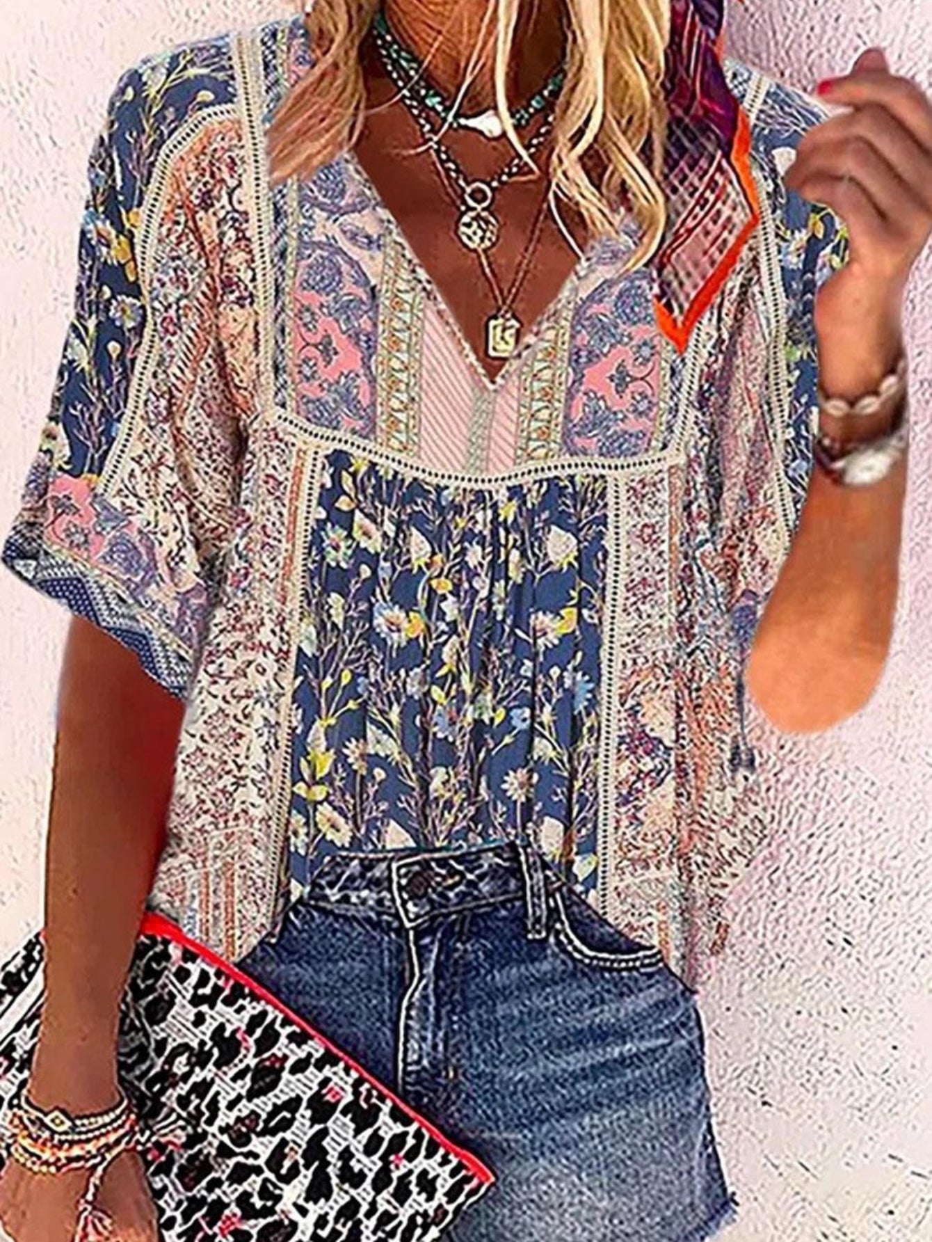 Ethnic Floral Print Blouse, Boho V Neck Half Sleeve Blouse