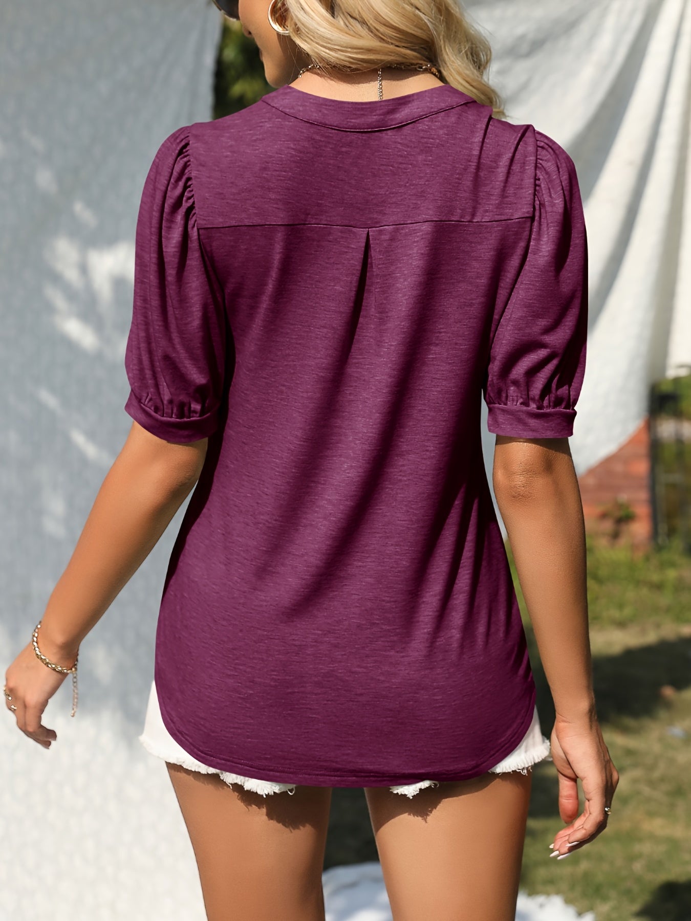 Solid Puff Sleeve T-Shirt, V Neck Short Sleeve T-Shirt, Casual Every Day Tops
