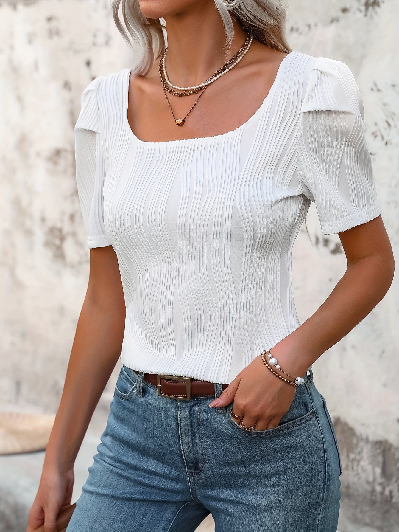Textured Square Neck T-shirt, Elegant Short Sleeve Top