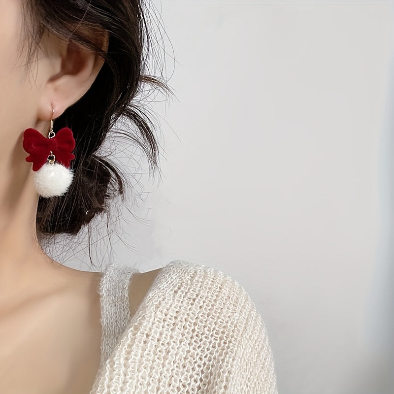 Free Gift Red Flocking Bow White Furry Ball Design Dangle Earrings