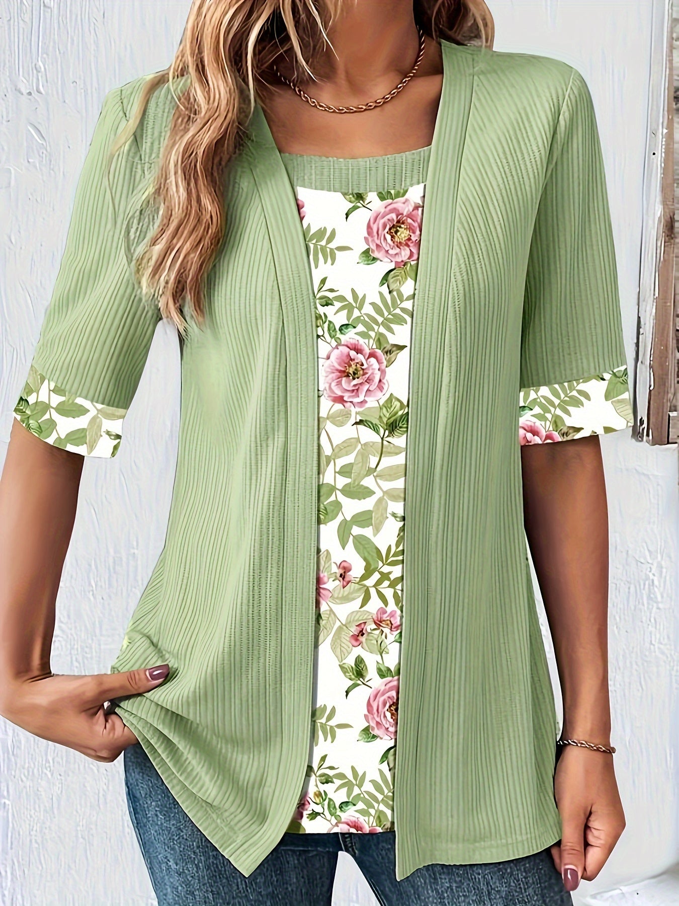 2-in-1 Floral Print T-shirt, Half Sleeve Square Neck Casual Top