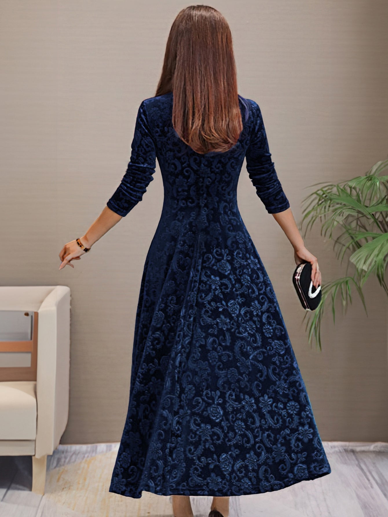 Solid Color Long Sleeve Dress, Elegant V Neck Flared Dress