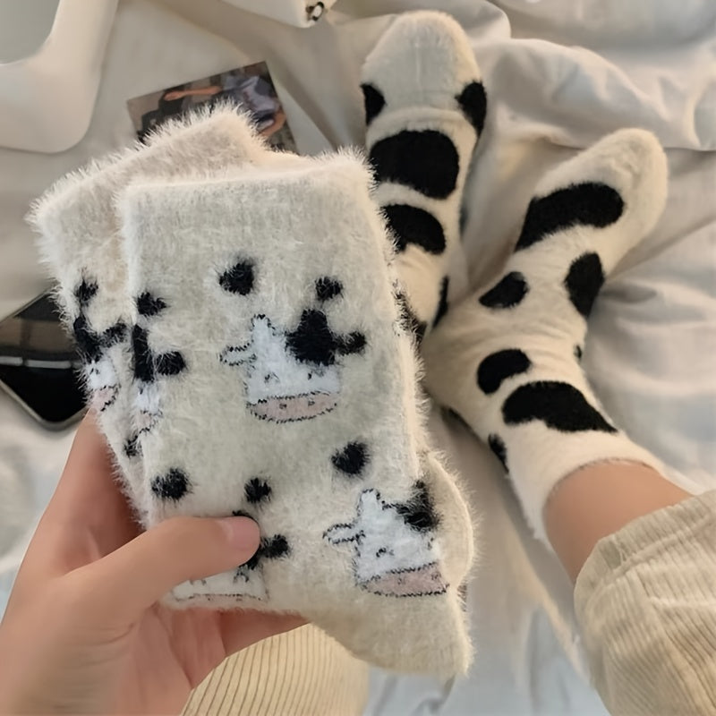 Cute Cow Spots Print Socks, Thickened & Warm Coral Fleece Socks