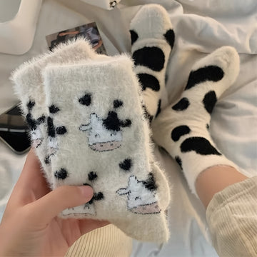Cute Cow Spots Print Socks, Thickened & Warm Coral Fleece Socks