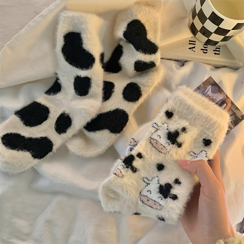 Cute Cow Spots Print Socks, Thickened & Warm Coral Fleece Socks