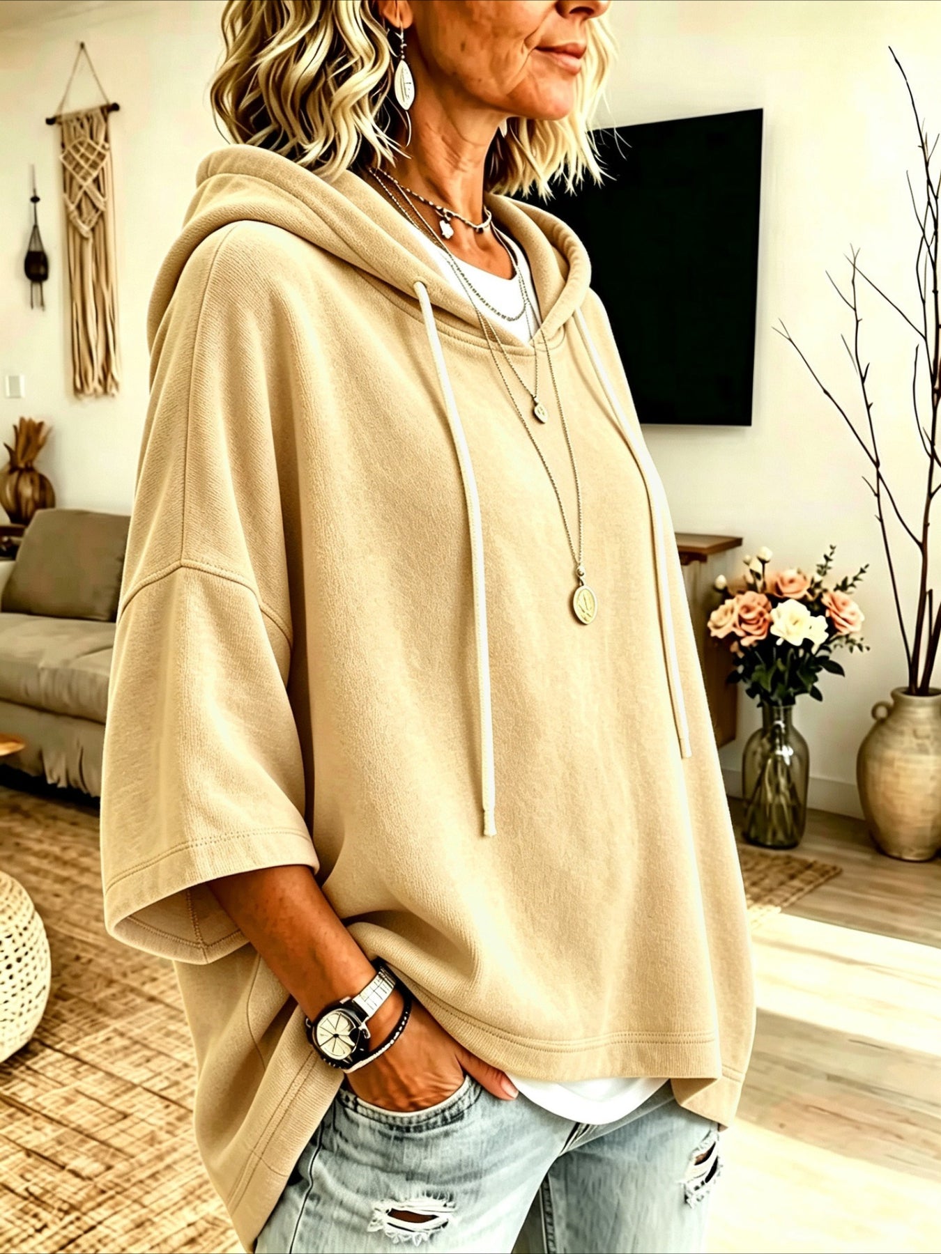 Seven-quarter Sleeves Solid Color Casual Hooded Sweatshirt