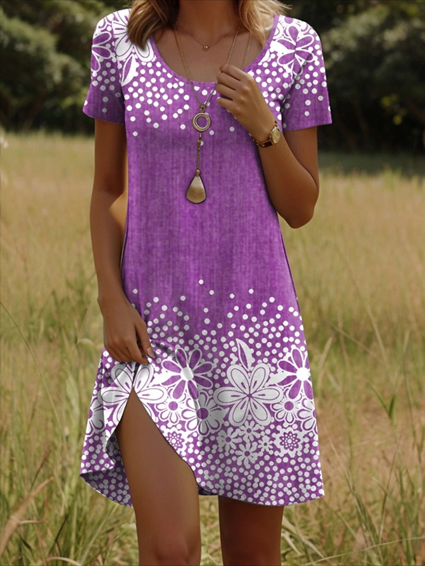 Floral Crew Neck Short Sleeve Fit & Flare A-Line Dress
