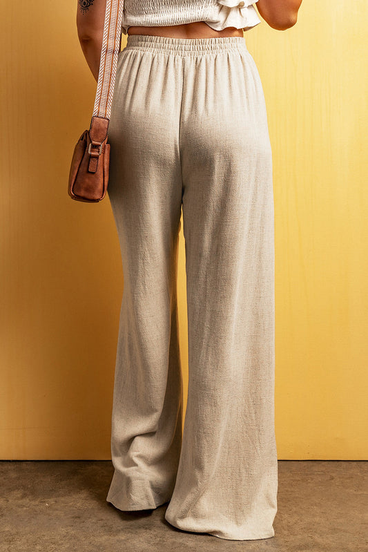 Apricot Lace-up Waist Floor Length Wide Leg Casual Pants