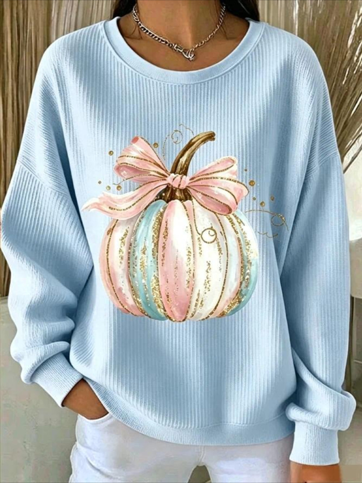 Pumpkins Halloween Printed Crew Neck Floral Long Sleeve Sweater Hoodie