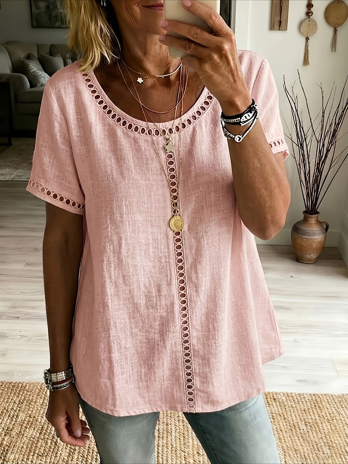 Solid Color Hollow Out Lace Fashion Short-Sleeve Top