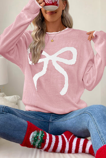 Pink Bow Pattern Contrast Trim Christmas Loose Graphic Sweater