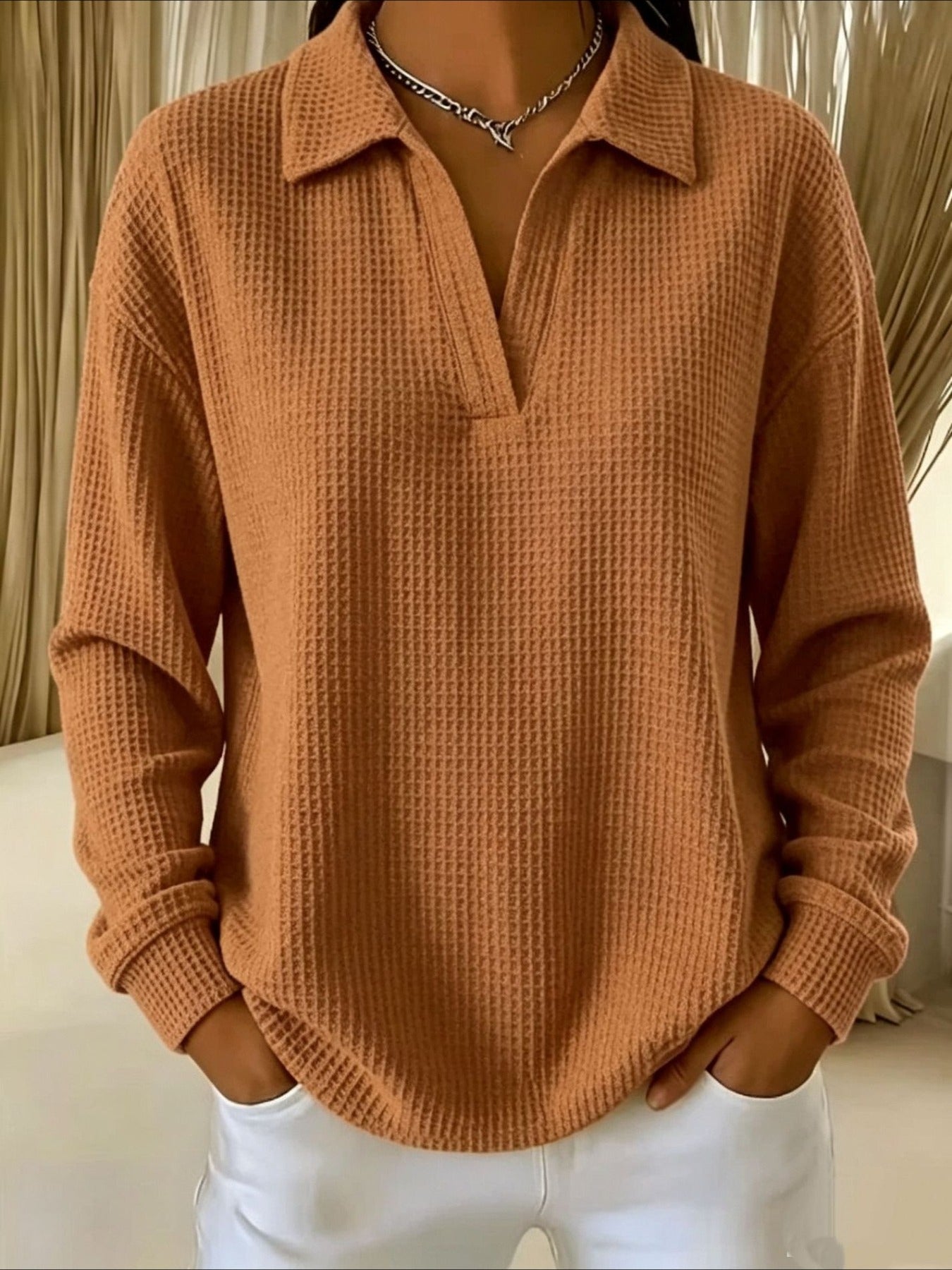Waffle Lapel Neck Long Sleeve Polo Top