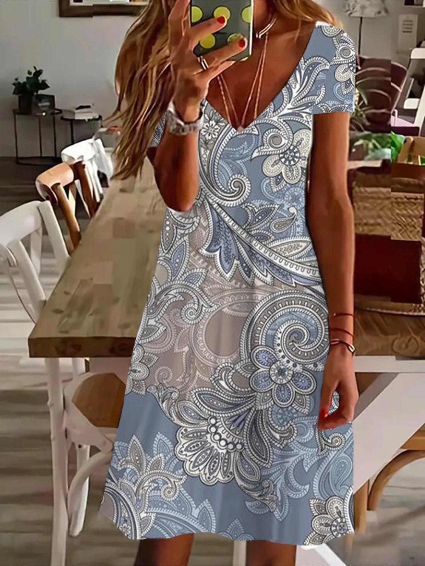 Loose V-neck Printed Short Sleeve Dress