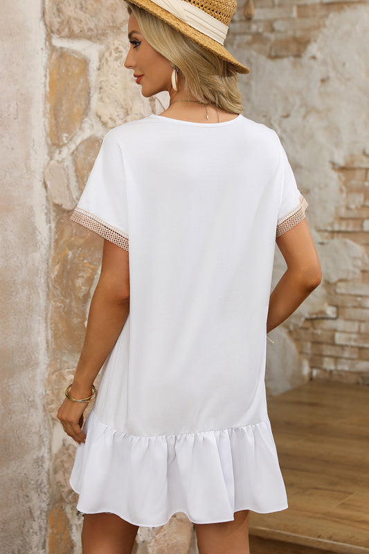 White Lace Trim Short Sleeve Ruffled Mini Dress