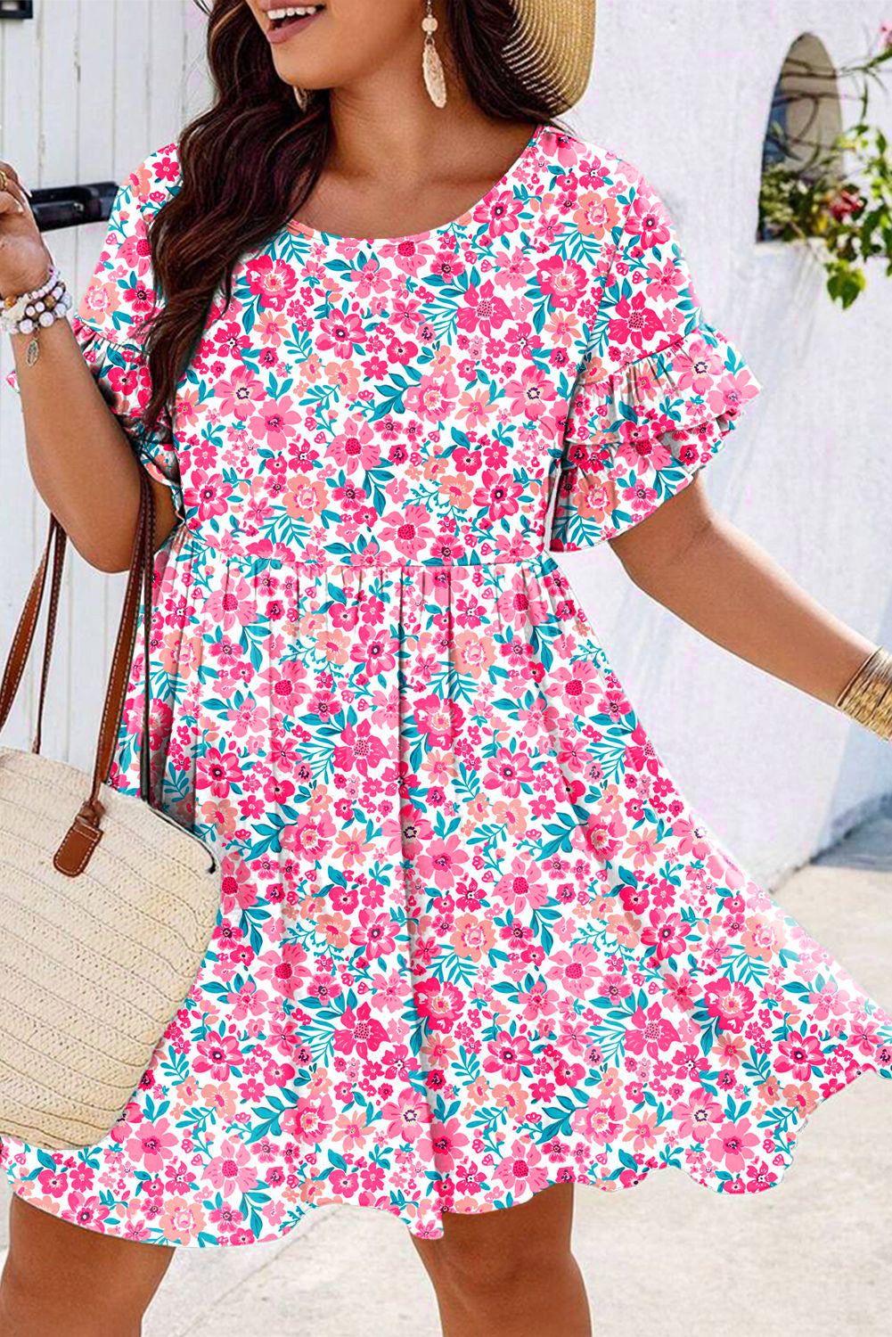 White Plus Size Floral Print Frilled Short Sleeve Flare Dress