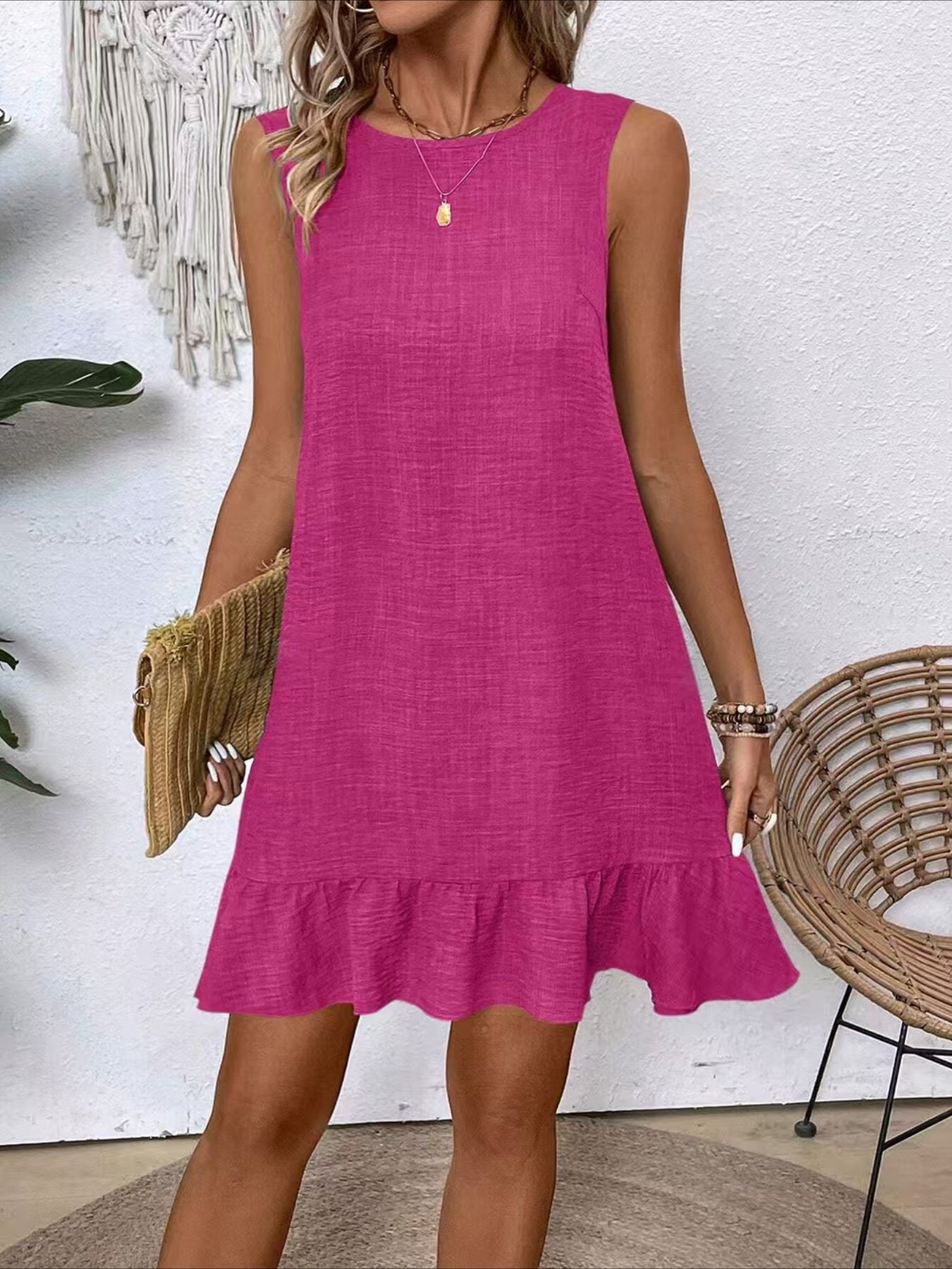 Solid Blue Round Neck Lightweight Sleeveless A-Line Dress with Back Bow Tie Detail