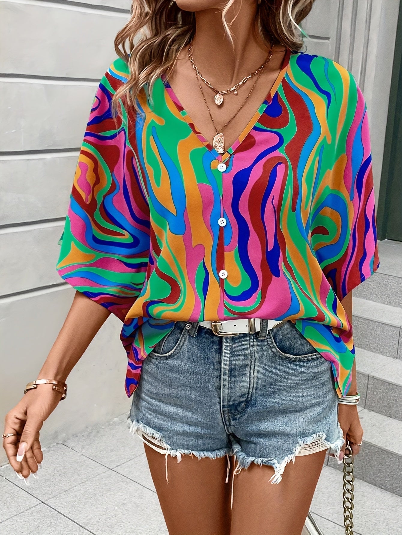 Floral Print V Neck Blouse, Elegant Short Sleeve Top