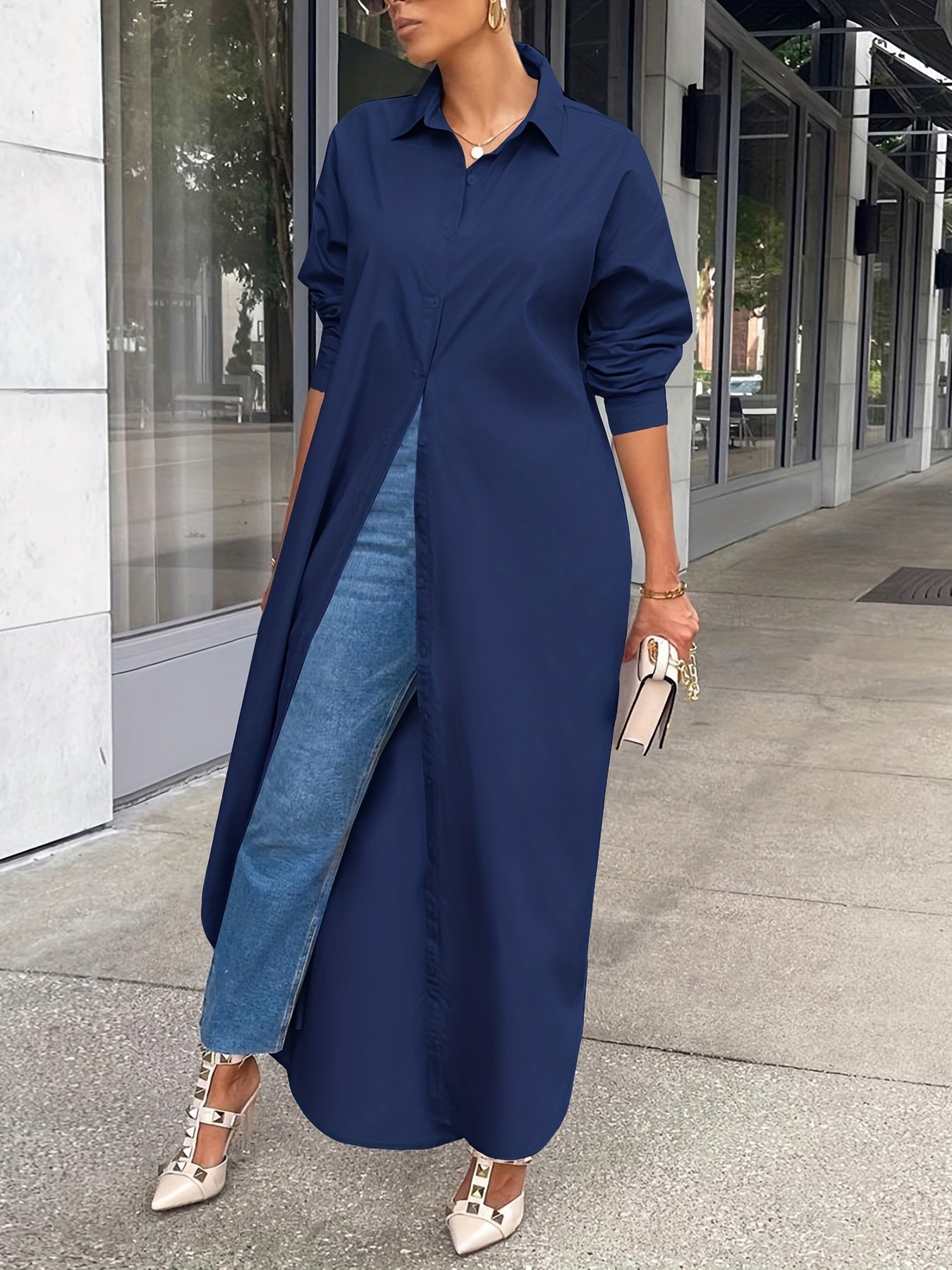 Longline Button Front Shirt, Casual Long Sleeve Shirt