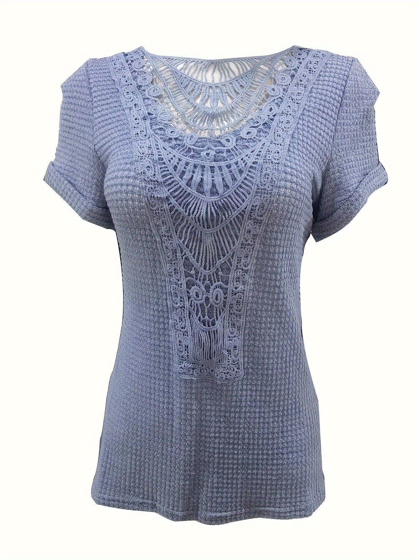 Contrast Lace Crew Neck T-Shirt, Casual Short Sleeve T-Shirt