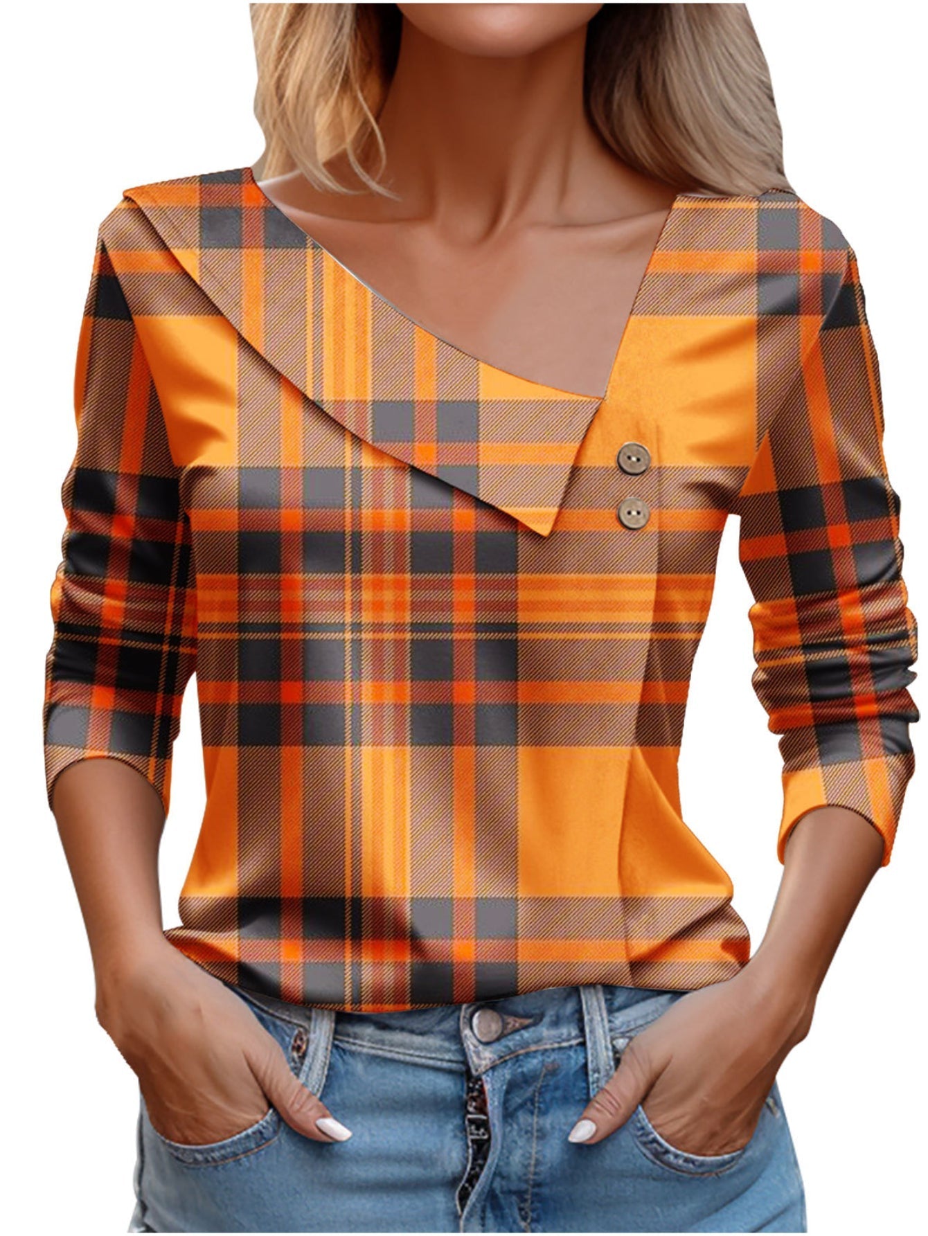 Chic Plaid Print Elegant Long Sleeve V-Neck T-Shirt